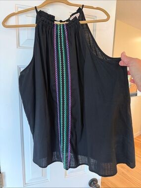 Knox Rose Black Halter Top with Embroidered Green & Purple Trim XXL